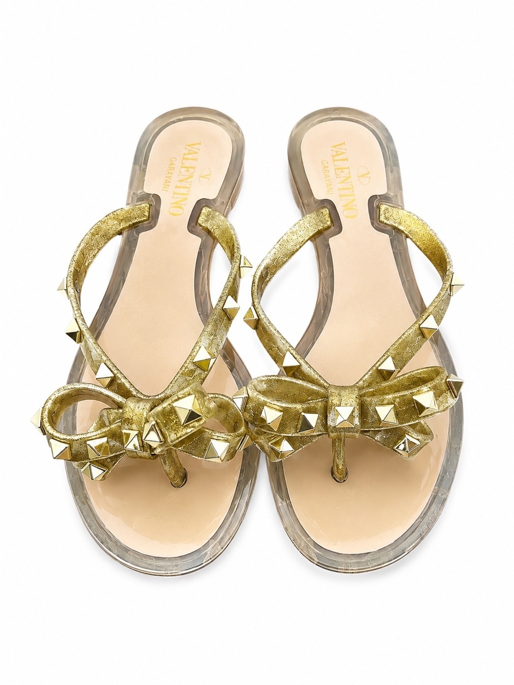 Valentino Garavani Rockstud Bow Jelly Thong Sandals Gold Glitter EU 36 Italy